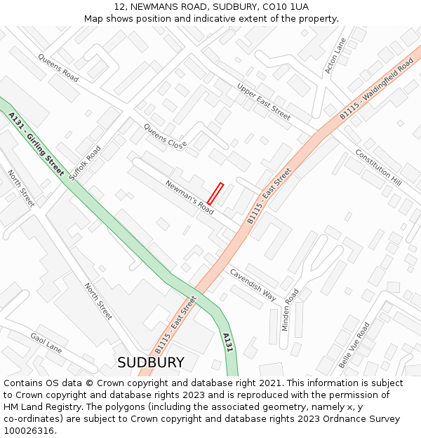 12, NEWMANS ROAD, SUDBURY, CO10 1UA: Location map and indicative extent of plot