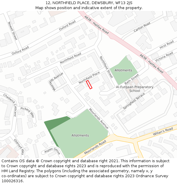 12, NORTHFIELD PLACE, DEWSBURY, WF13 2JS: Location map and indicative extent of plot