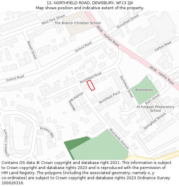 12, NORTHFIELD ROAD, DEWSBURY, WF13 2JX: Location map and indicative extent of plot