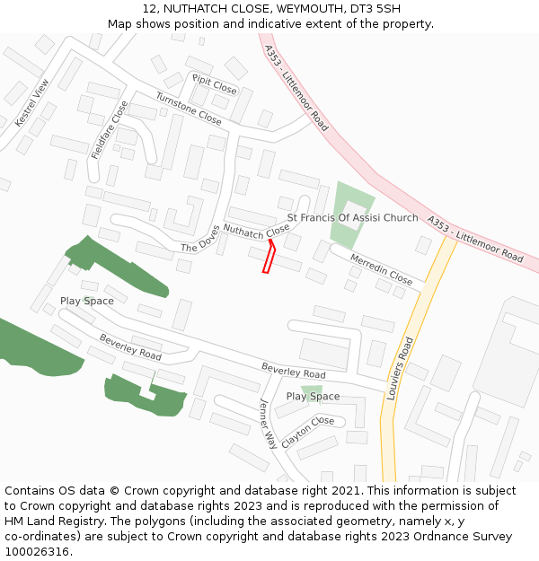 12, NUTHATCH CLOSE, WEYMOUTH, DT3 5SH: Location map and indicative extent of plot