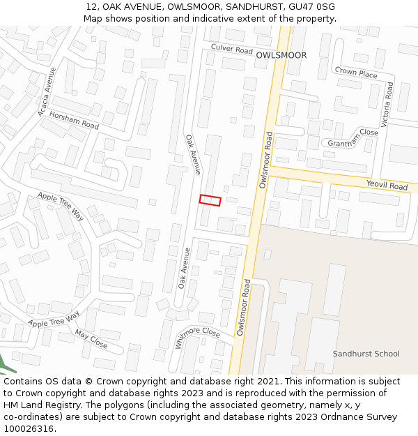 12, OAK AVENUE, OWLSMOOR, SANDHURST, GU47 0SG: Location map and indicative extent of plot