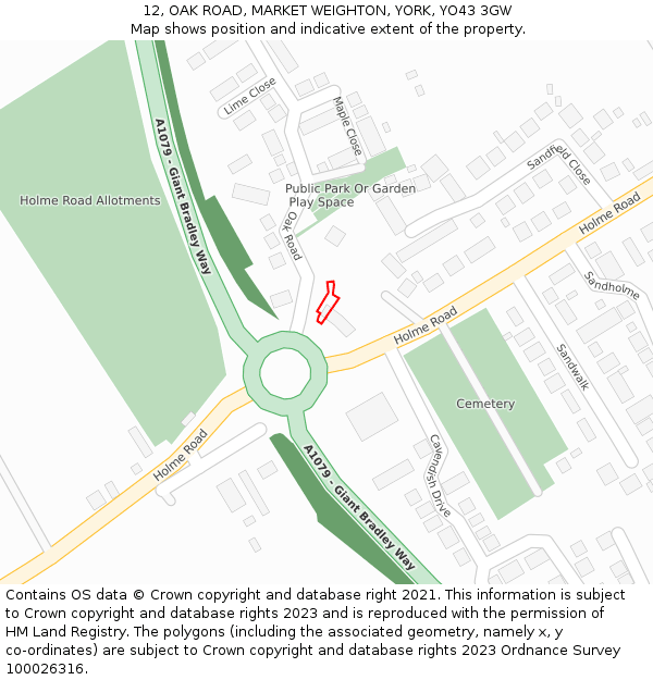 12, OAK ROAD, MARKET WEIGHTON, YORK, YO43 3GW: Location map and indicative extent of plot
