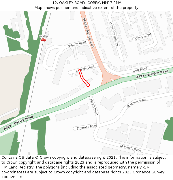 12, OAKLEY ROAD, CORBY, NN17 1NA: Location map and indicative extent of plot