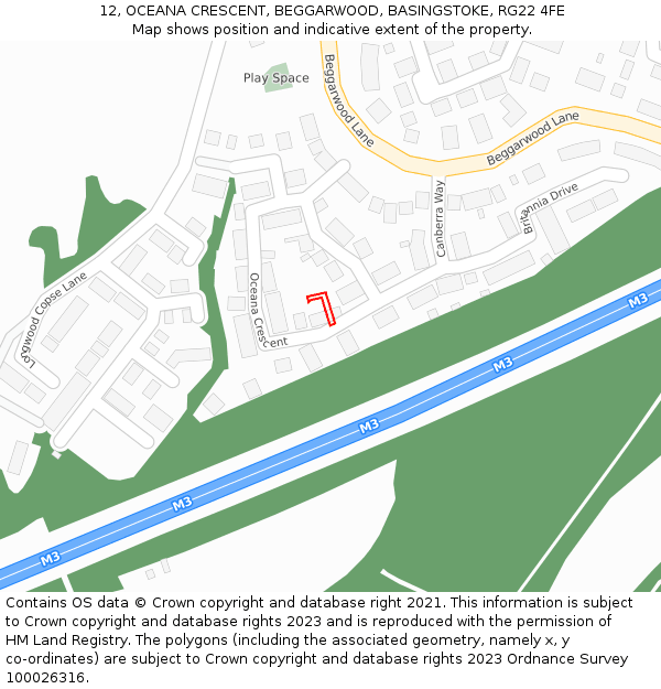 12, OCEANA CRESCENT, BEGGARWOOD, BASINGSTOKE, RG22 4FE: Location map and indicative extent of plot