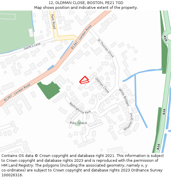 12, OLDMAN CLOSE, BOSTON, PE21 7GD: Location map and indicative extent of plot