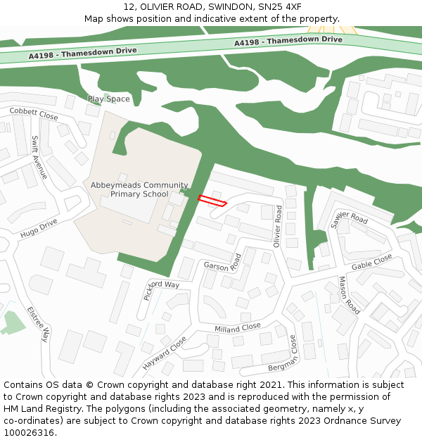 12, OLIVIER ROAD, SWINDON, SN25 4XF: Location map and indicative extent of plot