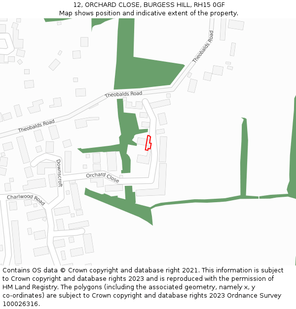 12, ORCHARD CLOSE, BURGESS HILL, RH15 0GF: Location map and indicative extent of plot