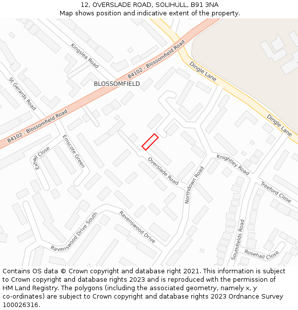 12, OVERSLADE ROAD, SOLIHULL, B91 3NA: Location map and indicative extent of plot
