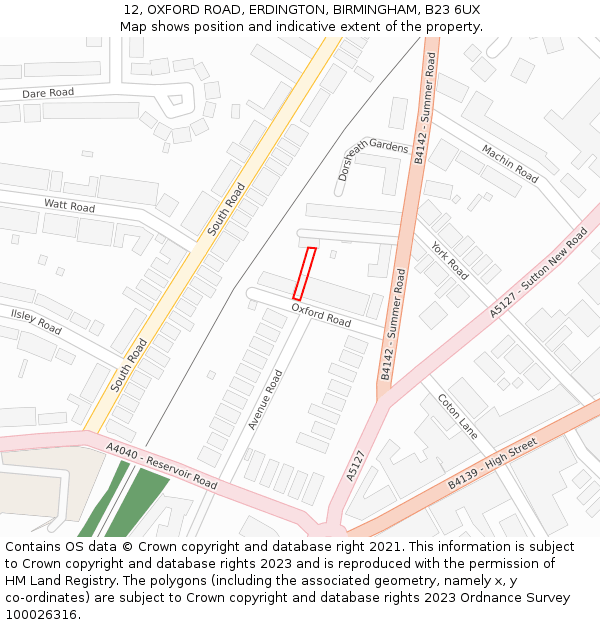 12, OXFORD ROAD, ERDINGTON, BIRMINGHAM, B23 6UX: Location map and indicative extent of plot