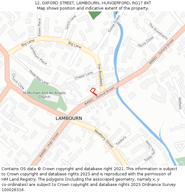 12, OXFORD STREET, LAMBOURN, HUNGERFORD, RG17 8XT: Location map and indicative extent of plot