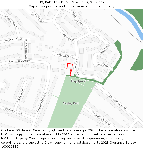 12, PADSTOW DRIVE, STAFFORD, ST17 0GY: Location map and indicative extent of plot