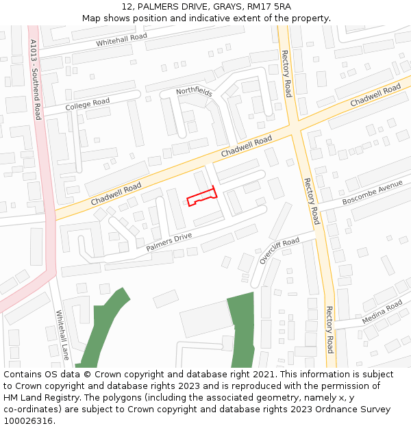 12, PALMERS DRIVE, GRAYS, RM17 5RA: Location map and indicative extent of plot