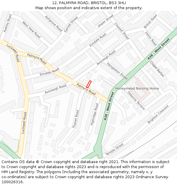 12, PALMYRA ROAD, BRISTOL, BS3 3HU: Location map and indicative extent of plot