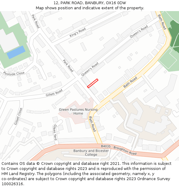 12, PARK ROAD, BANBURY, OX16 0DW: Location map and indicative extent of plot