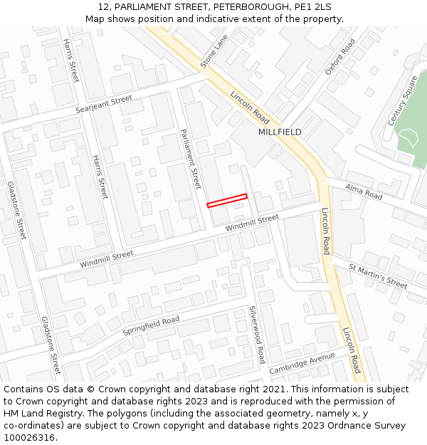 12, PARLIAMENT STREET, PETERBOROUGH, PE1 2LS: Location map and indicative extent of plot