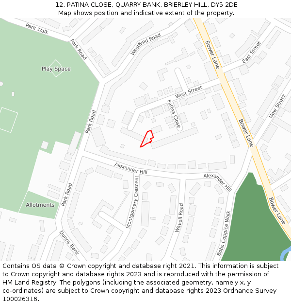 12, PATINA CLOSE, QUARRY BANK, BRIERLEY HILL, DY5 2DE: Location map and indicative extent of plot