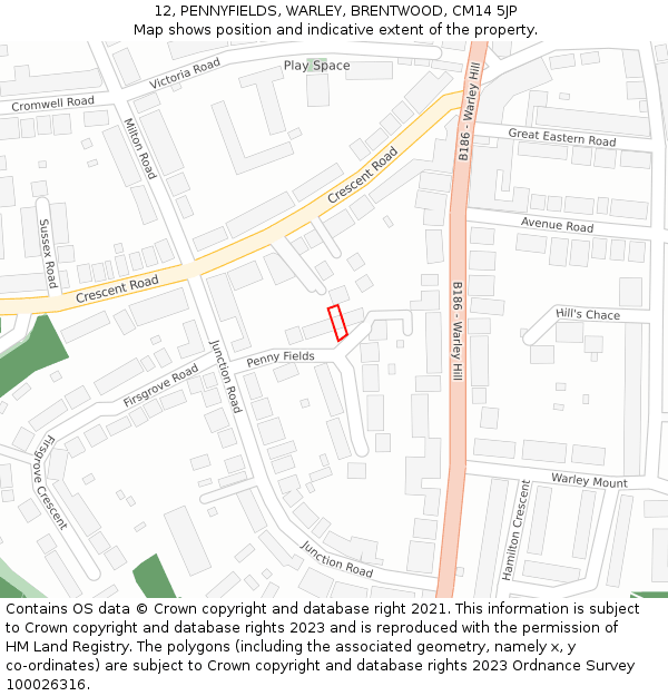 12, PENNYFIELDS, WARLEY, BRENTWOOD, CM14 5JP: Location map and indicative extent of plot