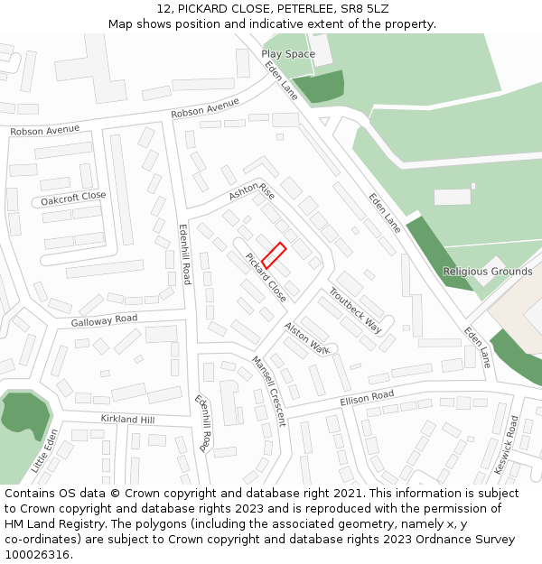 12, PICKARD CLOSE, PETERLEE, SR8 5LZ: Location map and indicative extent of plot