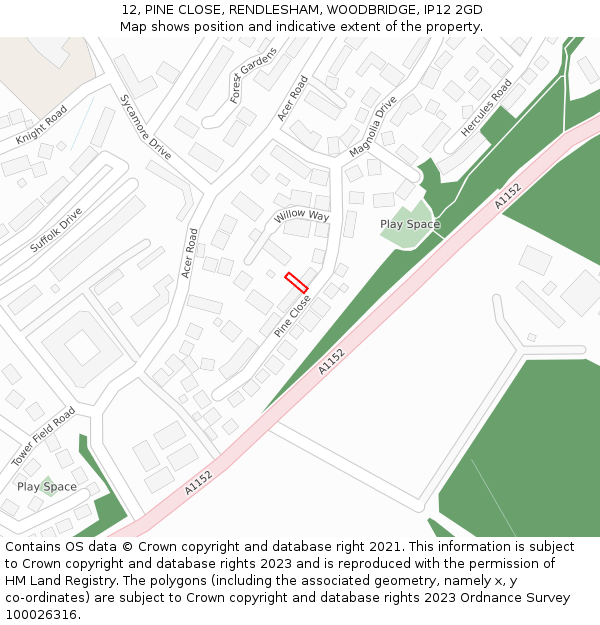 12, PINE CLOSE, RENDLESHAM, WOODBRIDGE, IP12 2GD: Location map and indicative extent of plot