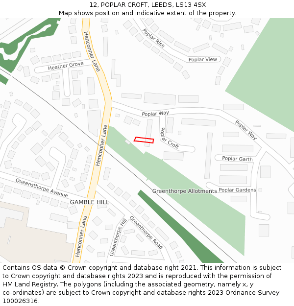 12, POPLAR CROFT, LEEDS, LS13 4SX: Location map and indicative extent of plot