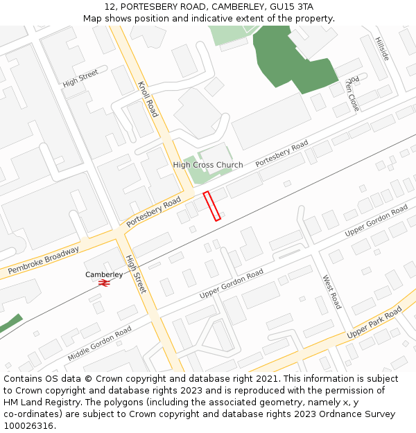 12, PORTESBERY ROAD, CAMBERLEY, GU15 3TA: Location map and indicative extent of plot