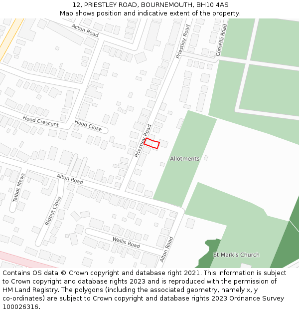 12, PRIESTLEY ROAD, BOURNEMOUTH, BH10 4AS: Location map and indicative extent of plot
