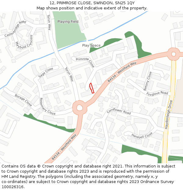 12, PRIMROSE CLOSE, SWINDON, SN25 1QY: Location map and indicative extent of plot