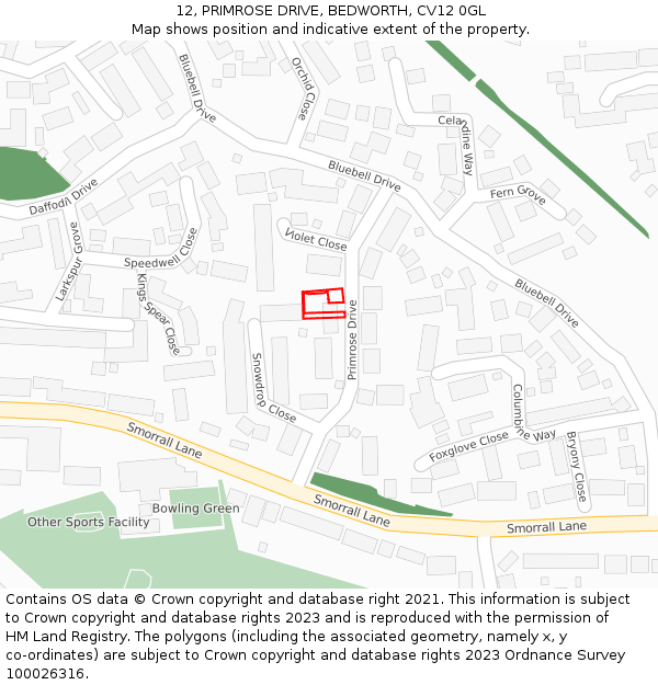 12, PRIMROSE DRIVE, BEDWORTH, CV12 0GL: Location map and indicative extent of plot
