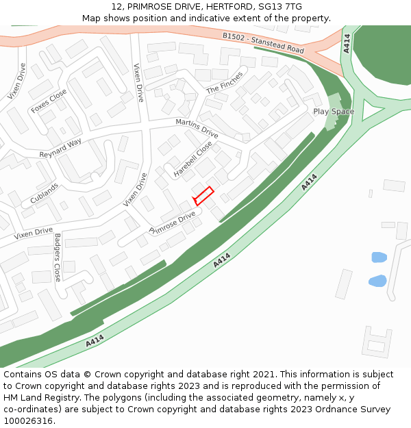 12, PRIMROSE DRIVE, HERTFORD, SG13 7TG: Location map and indicative extent of plot