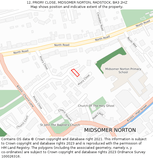 12, PRIORY CLOSE, MIDSOMER NORTON, RADSTOCK, BA3 2HZ: Location map and indicative extent of plot