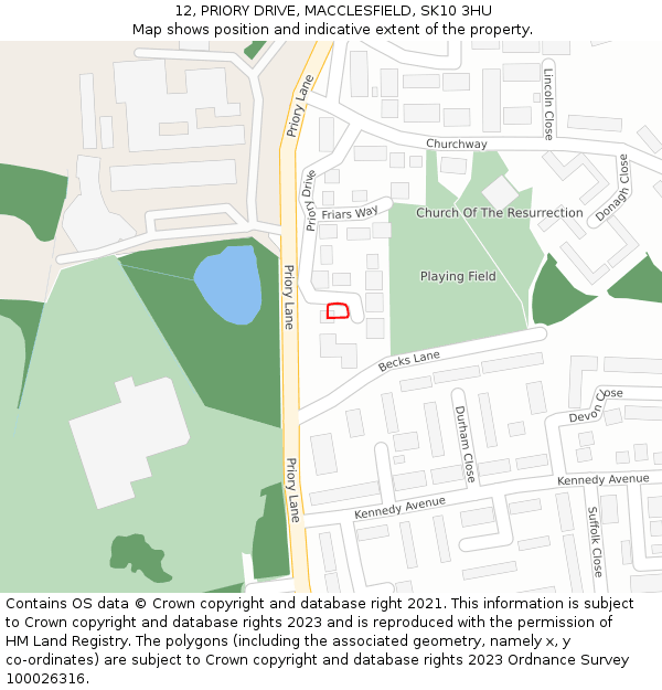 12, PRIORY DRIVE, MACCLESFIELD, SK10 3HU: Location map and indicative extent of plot