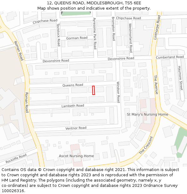 12, QUEENS ROAD, MIDDLESBROUGH, TS5 6EE: Location map and indicative extent of plot