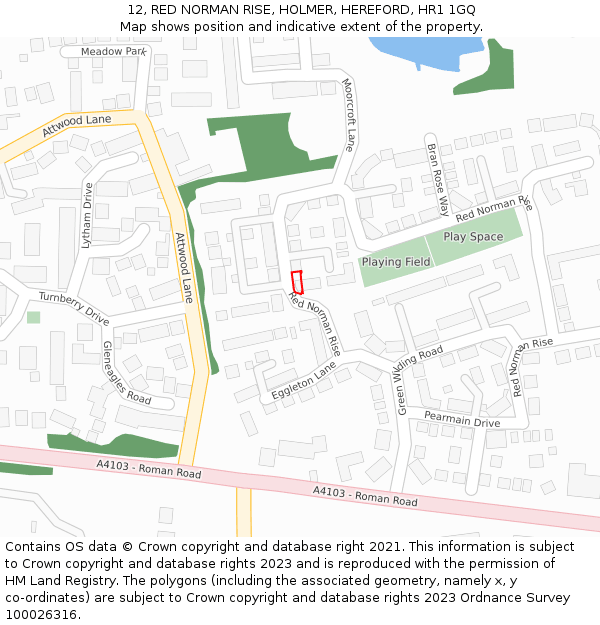 12, RED NORMAN RISE, HOLMER, HEREFORD, HR1 1GQ: Location map and indicative extent of plot