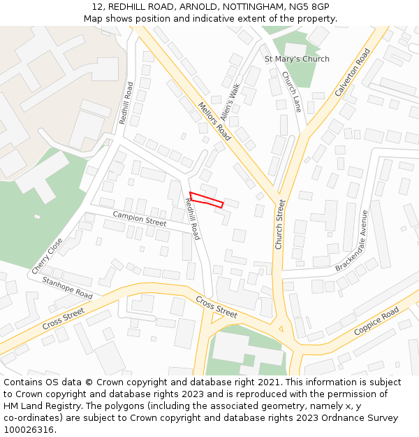 12, REDHILL ROAD, ARNOLD, NOTTINGHAM, NG5 8GP: Location map and indicative extent of plot