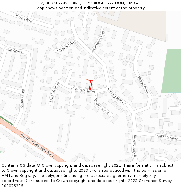 12, REDSHANK DRIVE, HEYBRIDGE, MALDON, CM9 4UE: Location map and indicative extent of plot
