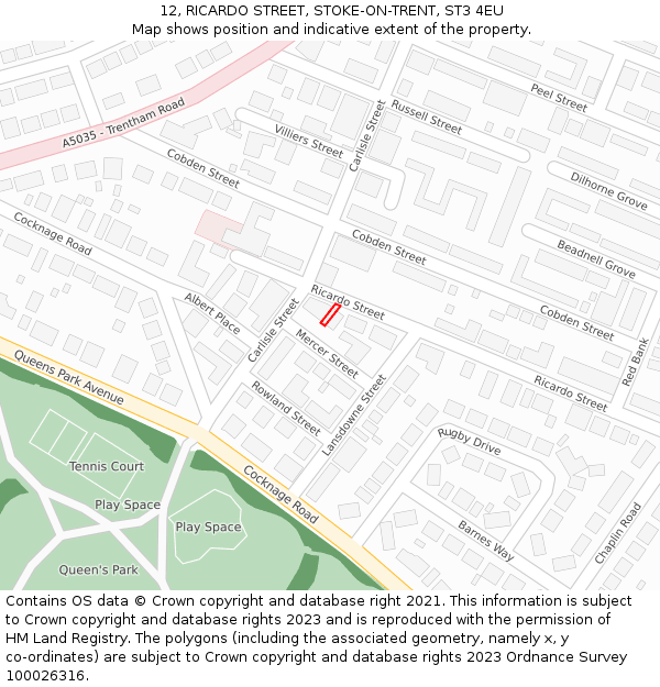 12, RICARDO STREET, STOKE-ON-TRENT, ST3 4EU: Location map and indicative extent of plot