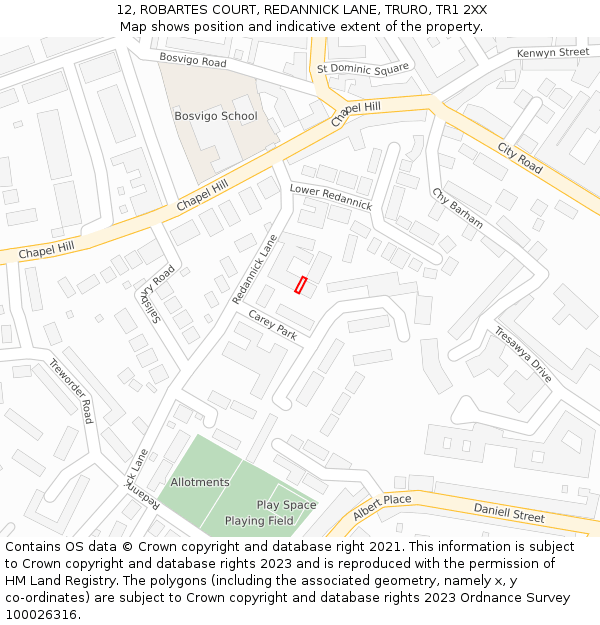 12, ROBARTES COURT, REDANNICK LANE, TRURO, TR1 2XX: Location map and indicative extent of plot
