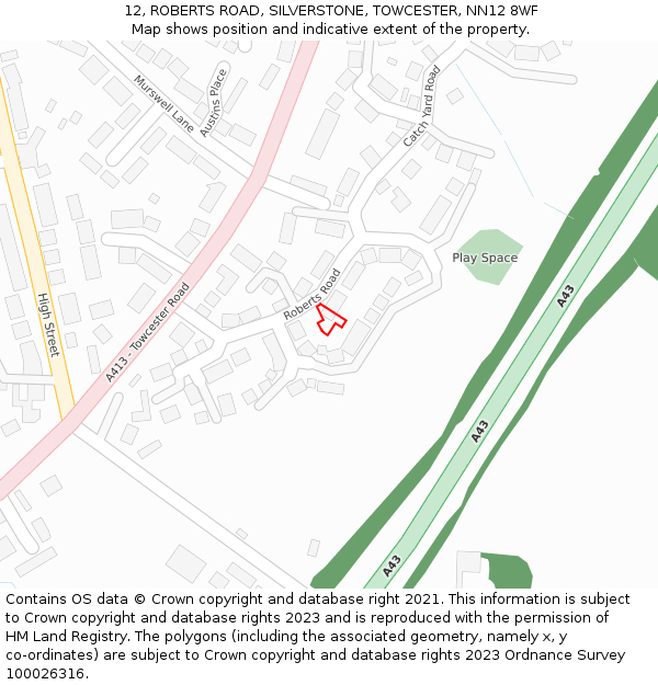 12, ROBERTS ROAD, SILVERSTONE, TOWCESTER, NN12 8WF: Location map and indicative extent of plot