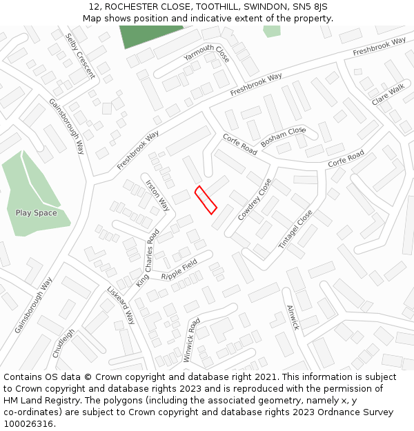 12, ROCHESTER CLOSE, TOOTHILL, SWINDON, SN5 8JS: Location map and indicative extent of plot