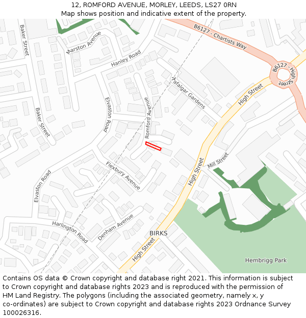12, ROMFORD AVENUE, MORLEY, LEEDS, LS27 0RN: Location map and indicative extent of plot