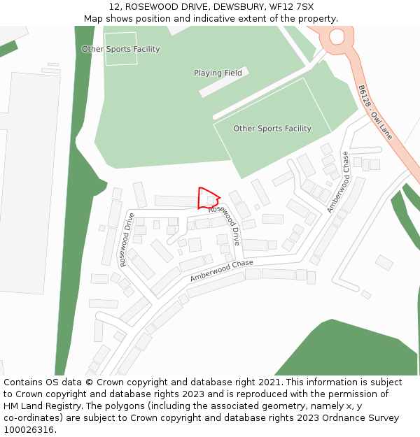 12, ROSEWOOD DRIVE, DEWSBURY, WF12 7SX: Location map and indicative extent of plot