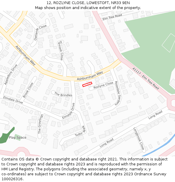 12, ROZLYNE CLOSE, LOWESTOFT, NR33 9EN: Location map and indicative extent of plot