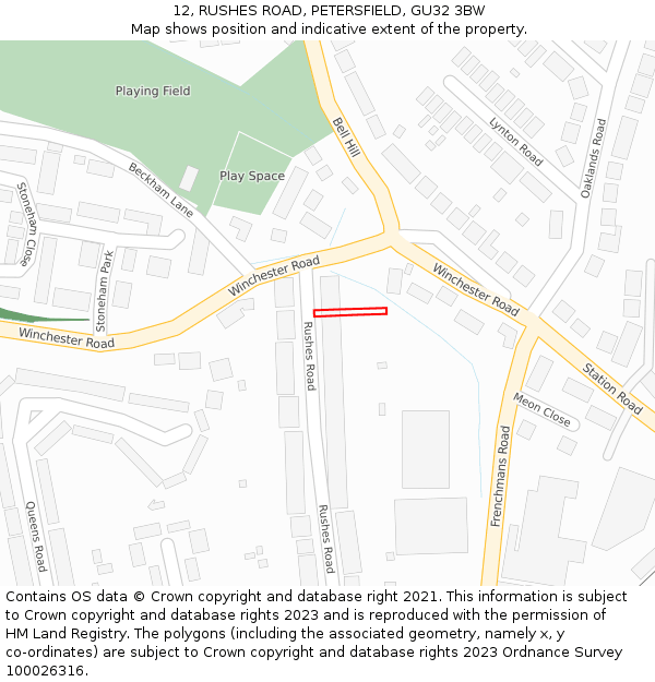 12, RUSHES ROAD, PETERSFIELD, GU32 3BW: Location map and indicative extent of plot
