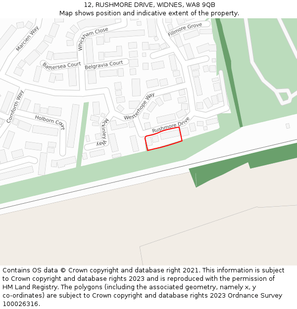 12, RUSHMORE DRIVE, WIDNES, WA8 9QB: Location map and indicative extent of plot