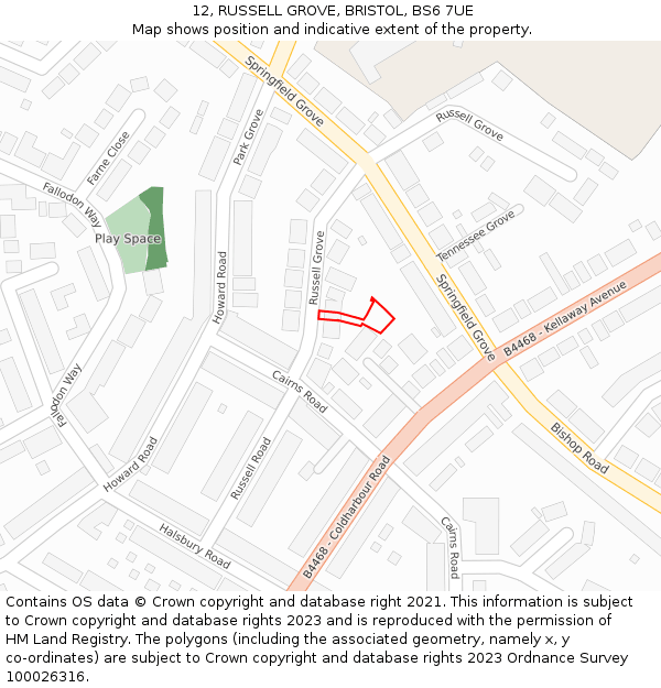 12, RUSSELL GROVE, BRISTOL, BS6 7UE: Location map and indicative extent of plot