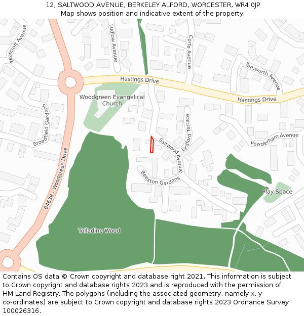 12, SALTWOOD AVENUE, BERKELEY ALFORD, WORCESTER, WR4 0JP: Location map and indicative extent of plot