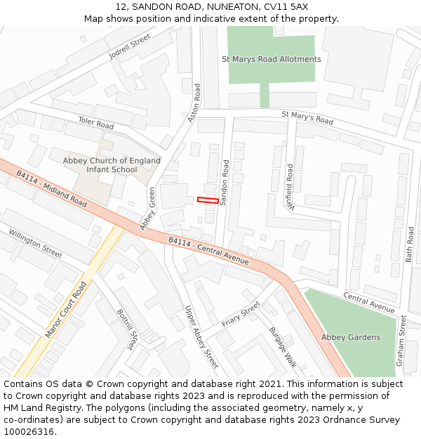 12, SANDON ROAD, NUNEATON, CV11 5AX: Location map and indicative extent of plot