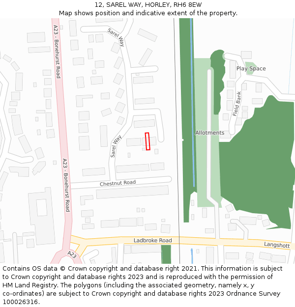 12, SAREL WAY, HORLEY, RH6 8EW: Location map and indicative extent of plot