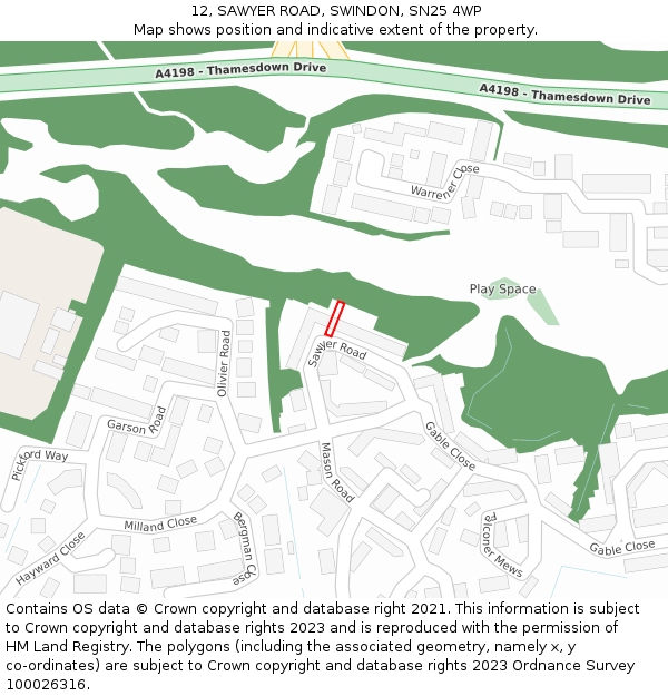 12, SAWYER ROAD, SWINDON, SN25 4WP: Location map and indicative extent of plot