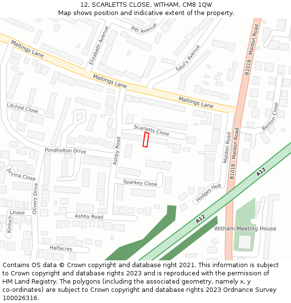 12, SCARLETTS CLOSE, WITHAM, CM8 1QW: Location map and indicative extent of plot